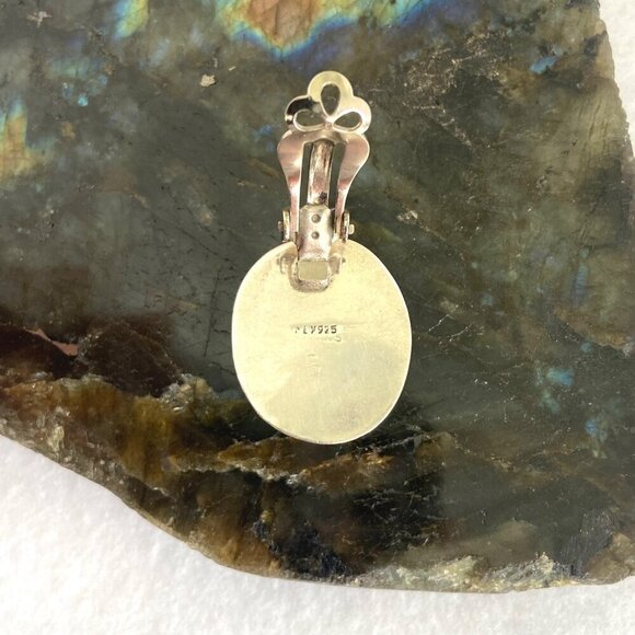 VTG Sterling Silver 925 Mexico Heavy Oval Bezel Set Black Onyx Clip On Earrings - Picture 7 of 15